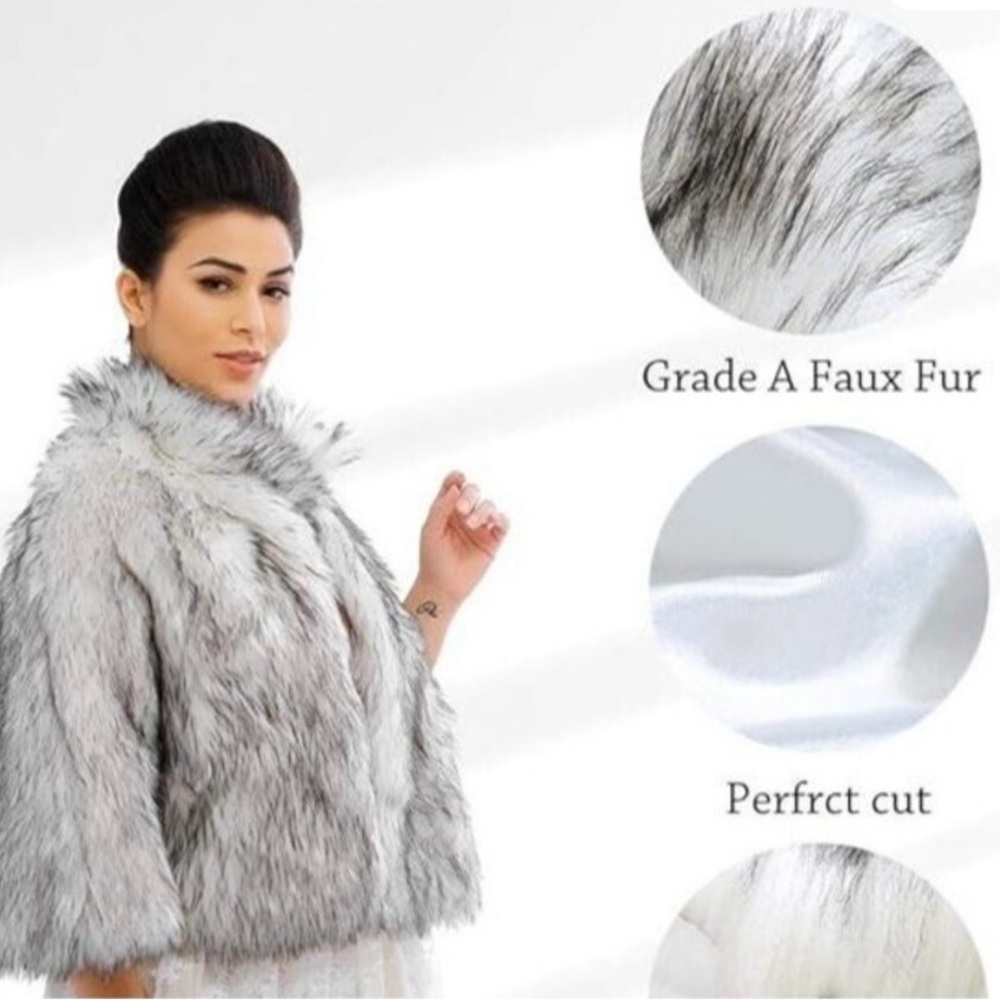 Women Faux Fur Shawl Bridal Wedding Evening Cape Warm Dress Stole white gray